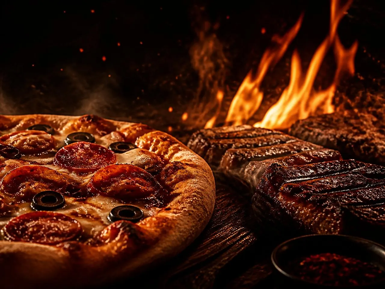 Pizza e carne alla griglia sul fuoco